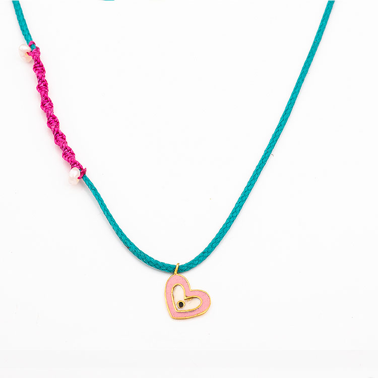 Intense turquoise cord necklace with a K14 gold heart motif.
