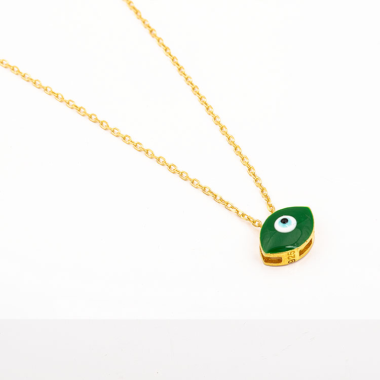 Silver gold-plated necklace with a green enamel evil eye.