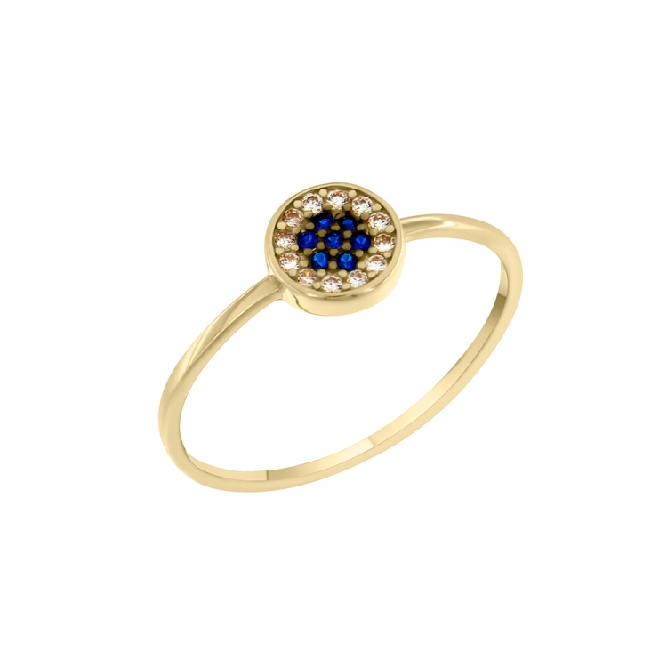 Κομψό, χρυσό δαχτυλίδι Κ14, στόχος-μάτι με μπλε πέτρες στο κέντρο.