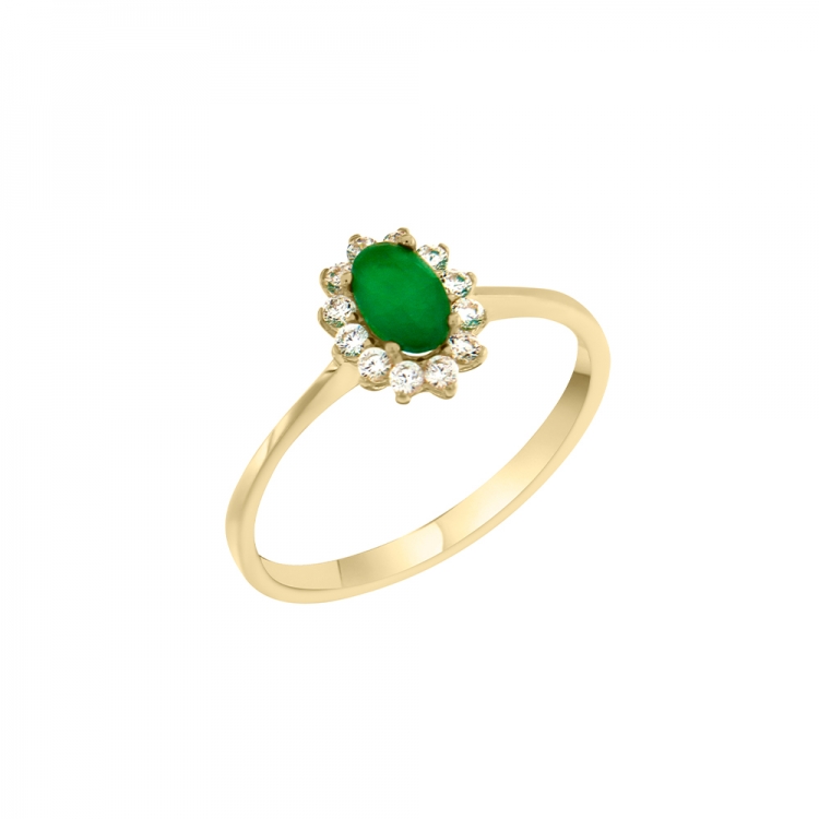 Δαχτυλίδι σε χρυσό Κ14 οβάλ ροζέτα με πράσινη πέτρα.