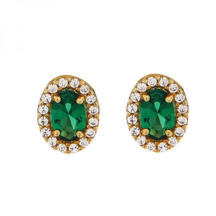 Χρυσά σκουλαρίκια Κ14 καρφωτά, ροζέτα με πράσινη πέτρα.