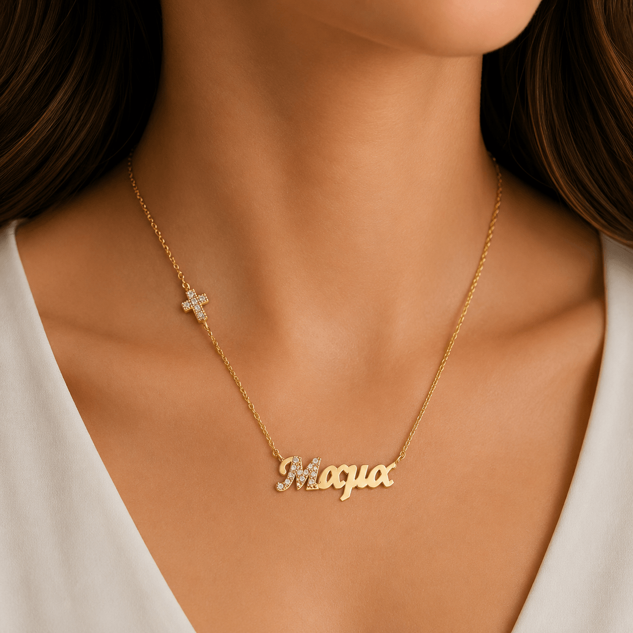 Χρυσό κολιέ Κ9 για τη μαμά με σταυρό στο πλάϊ. — φωτογραφία 2