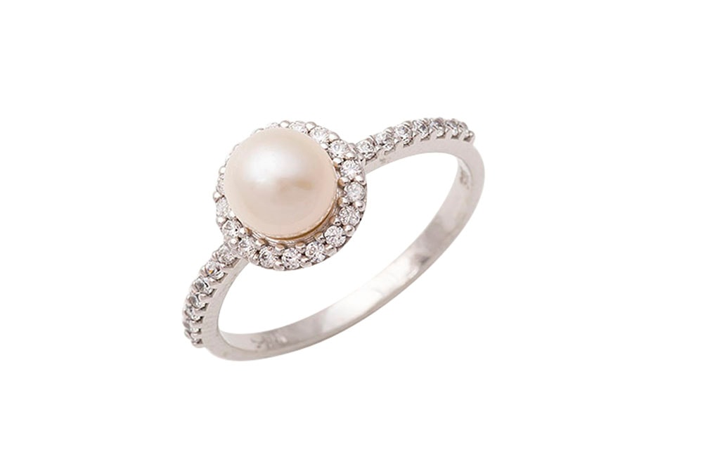 Δαχτυλίδι ροζέτα, λευκόχρυσο Κ14, με μαργαριτάρι. — φωτογραφία 1