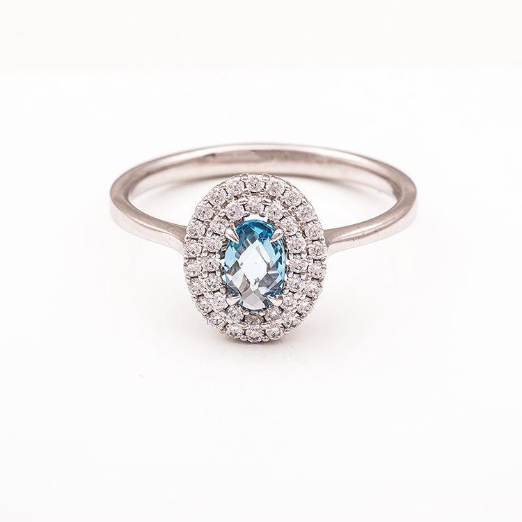 Λευκόχρυσο δαχτυλίδι Κ14 ροζέτα με πέτρα blue topaz Νο 55. — φωτογραφία 1