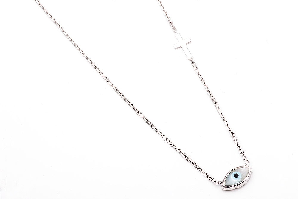 Λευκόχρυσο κολιέ Κ14, με ματάκι φίλντισι και σταυρό. — φωτογραφία 2