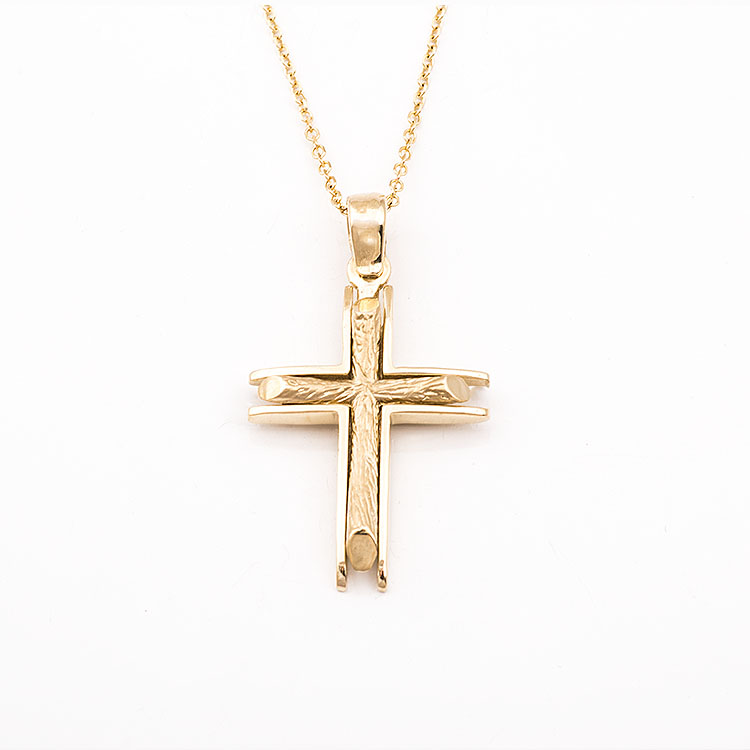 Χρυσός σταυρός και αλυσίδα Κ9 με επιφάνεια σαν ξύλο.