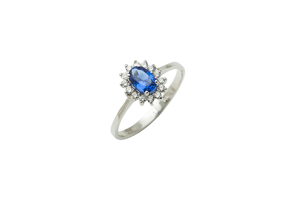 Λευκόχρυσο Δαχτυλίδι Κ14, Με Μπλε Πέτρα.