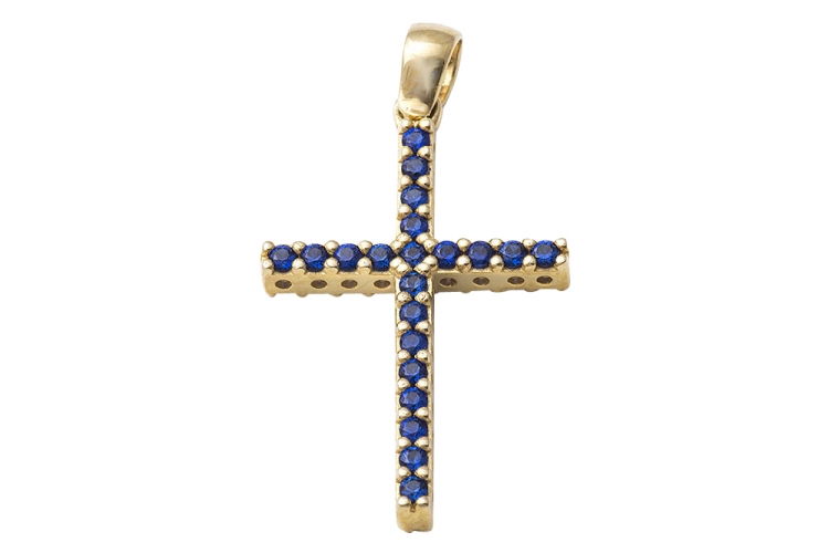 Χρυσός σταυρός Κ14, με μπλε πέτρες.