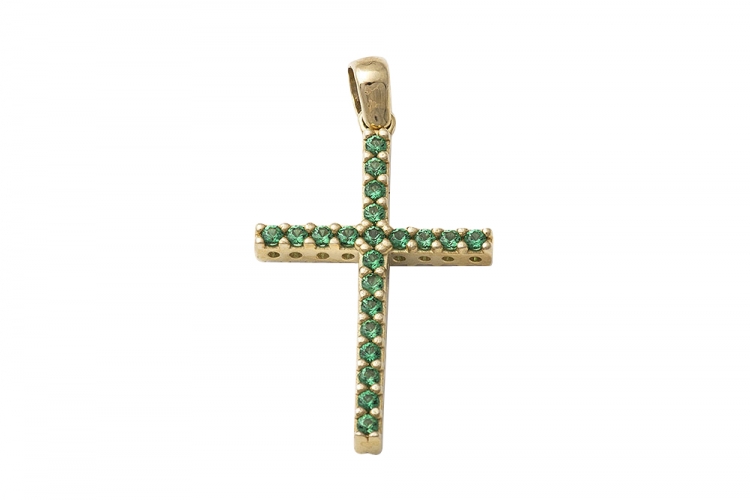 Χρυσός σταυρός Κ14, με πράσινες πέτρες.
