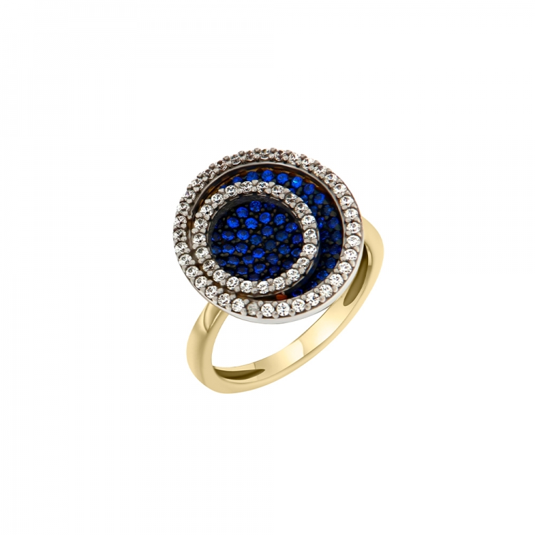 Πολύ πρωτότυπο χρυσό δαχτυλίδι Κ14 με μπλε πέτρες.