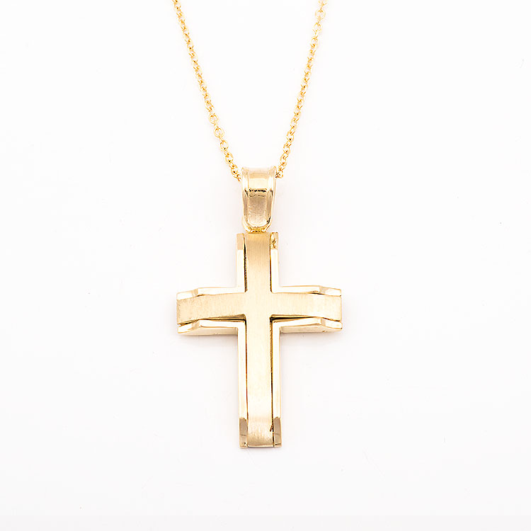 Απλός χρυσός σταυρός και αλυσίδα Κ9 με ματ επιφάνεια.