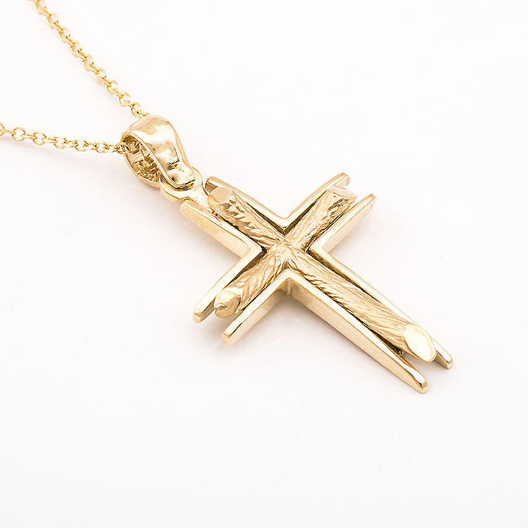 Χρυσός σταυρός και αλυσίδα Κ9 με επιφάνεια σαν ξύλο.