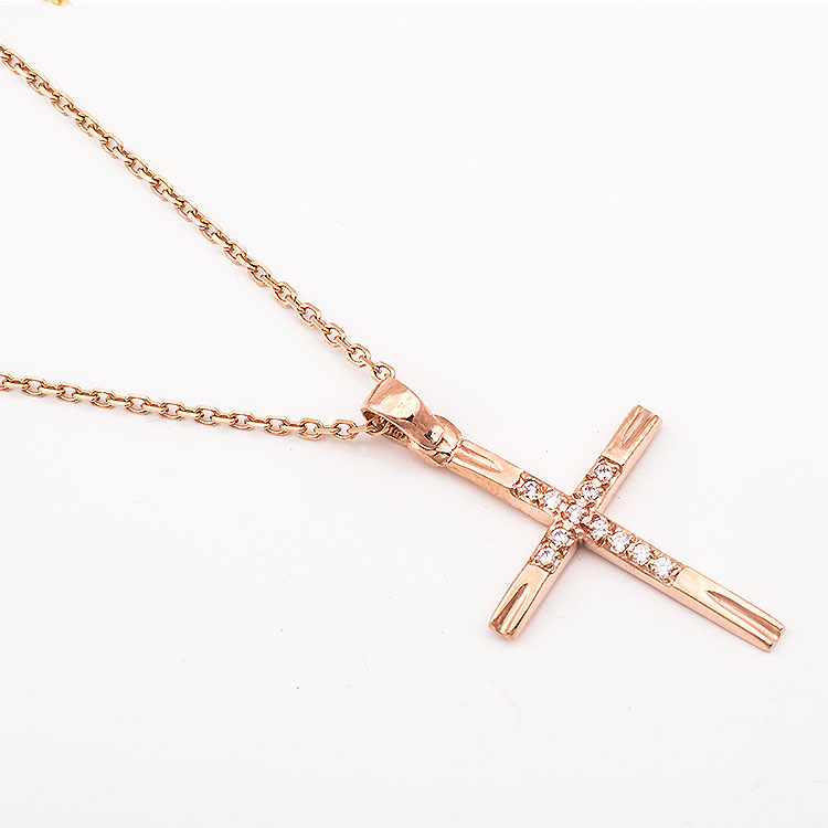 Λεπτός σταυρός και αλυσίδα σε ροζ χρυσό Κ9.
