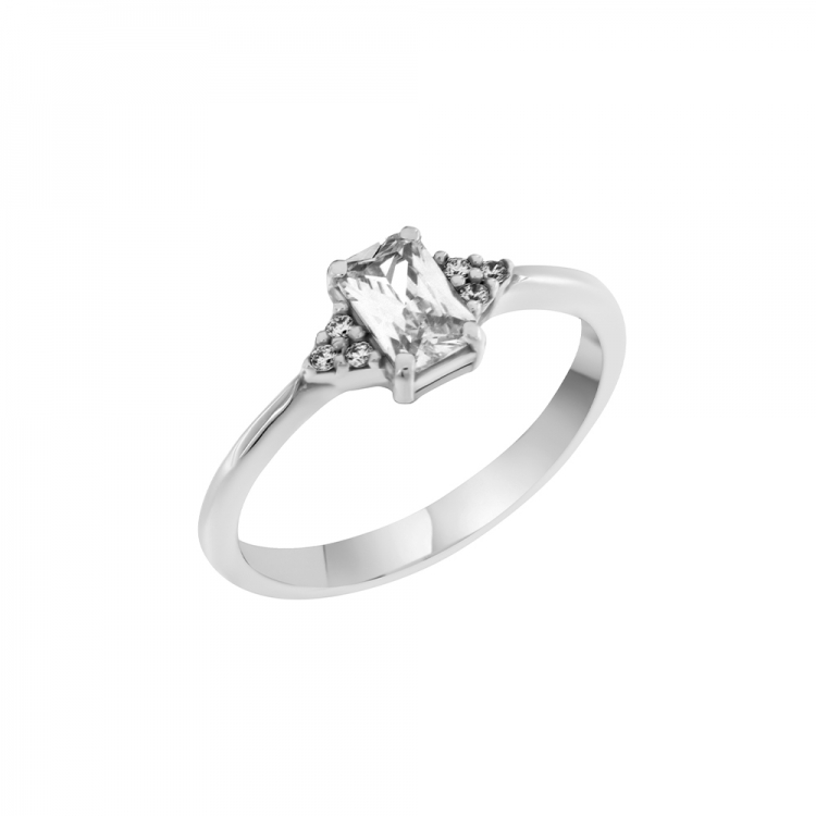 Λευκόχρυσο δαχτυλίδι Κ9 με ορθογώνια λευκή πέτρα.