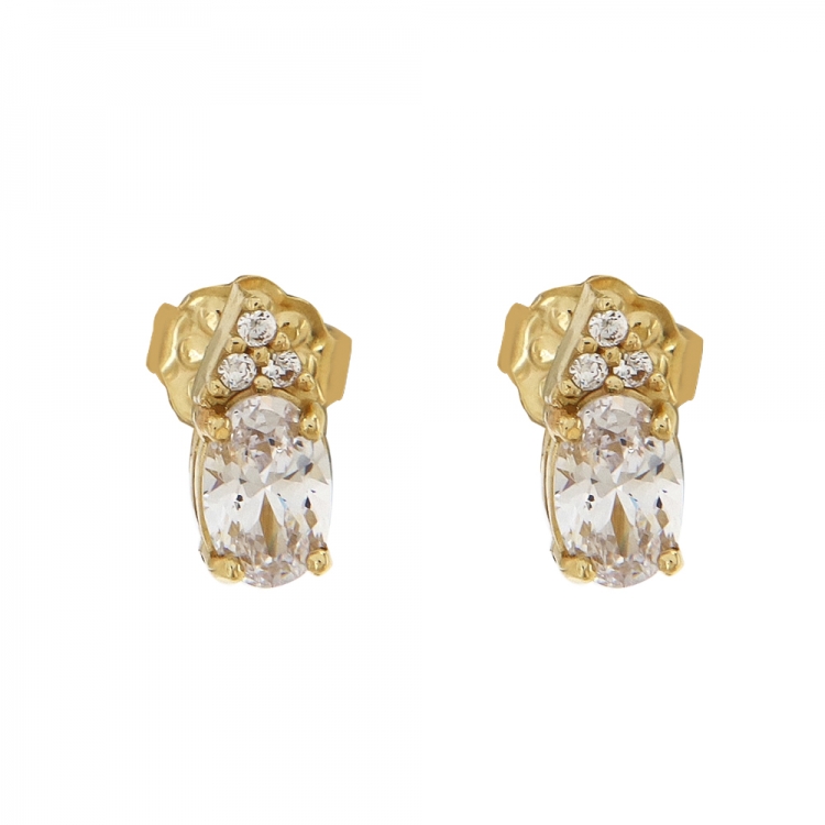 Καρφωτά σκουλαρίκια σε χρυσό Κ9 σε σχήμα δάκρυ με λευκή οβάλ πέτρα.