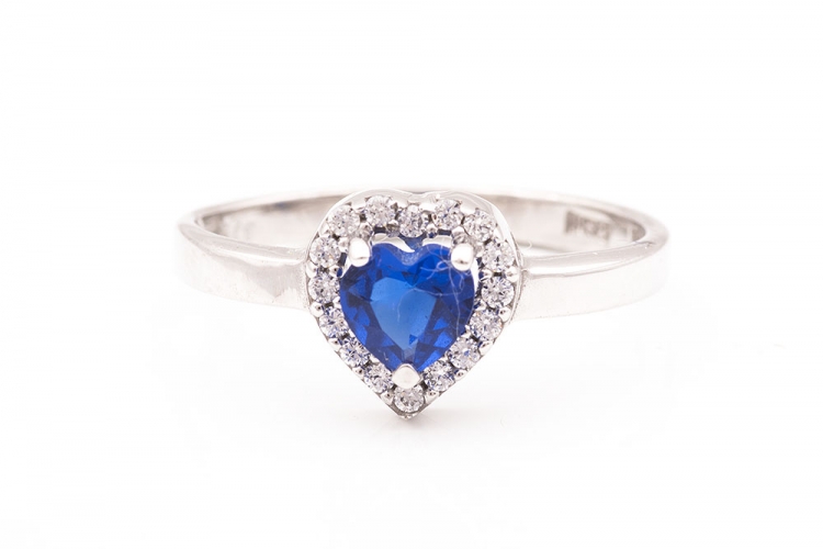 Λευκόχρυσο δαχτυλίδι Κ9 ροζέτα με μπλε πέτρα καρδιά Νο 54.