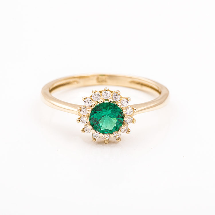 Χρυσό δαχτυλίδι Κ14 στρογγυλή ροζέτα με πράσινη πέτρα.