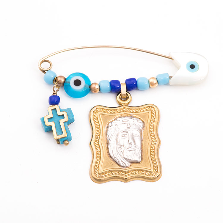 Δίχρωμη παιδική παραμάνα χρυσή Κ9 με Κεφαλή του Χριστού, ματάκι και σταυρό.