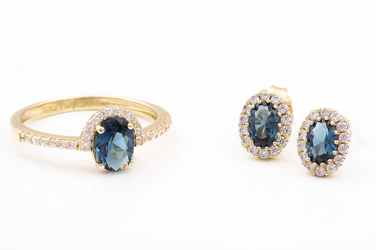 Σετ, σκουλαρίκια και δαχτυλίδι χρυσό Κ14 με london blue πέτρα.