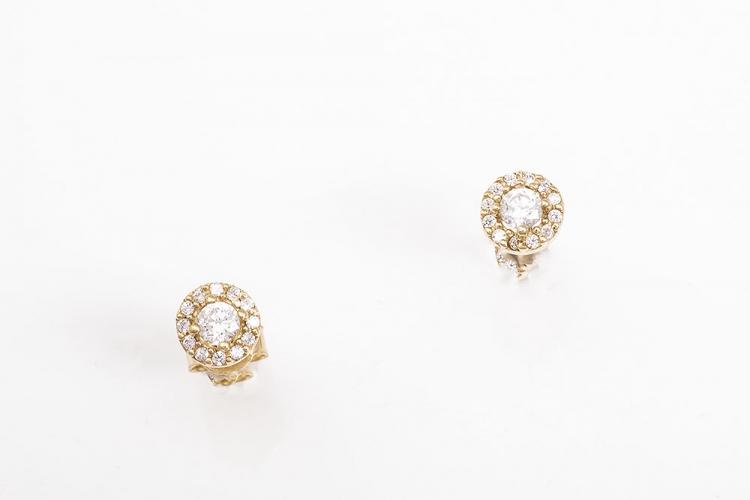 Χρυσά καρφωτά σκουλαρίκια Κ9 μικρή ροζέτα με λευκή πέτρα.