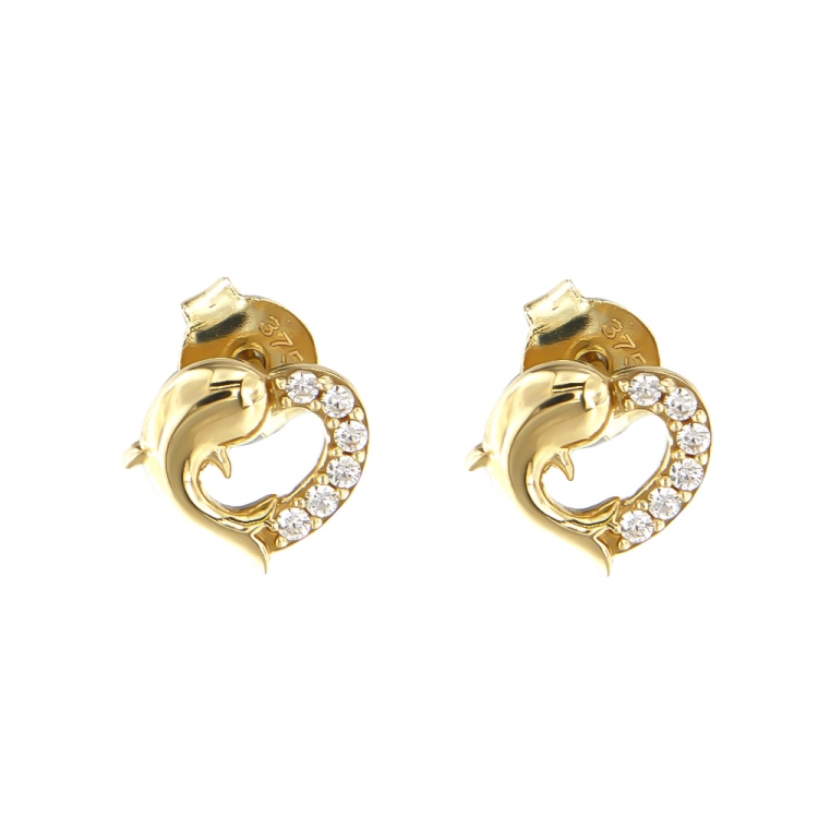 Καρφωτά σκουλαρίκια χρυσά Κ9 καρδούλες με δελφίνι.