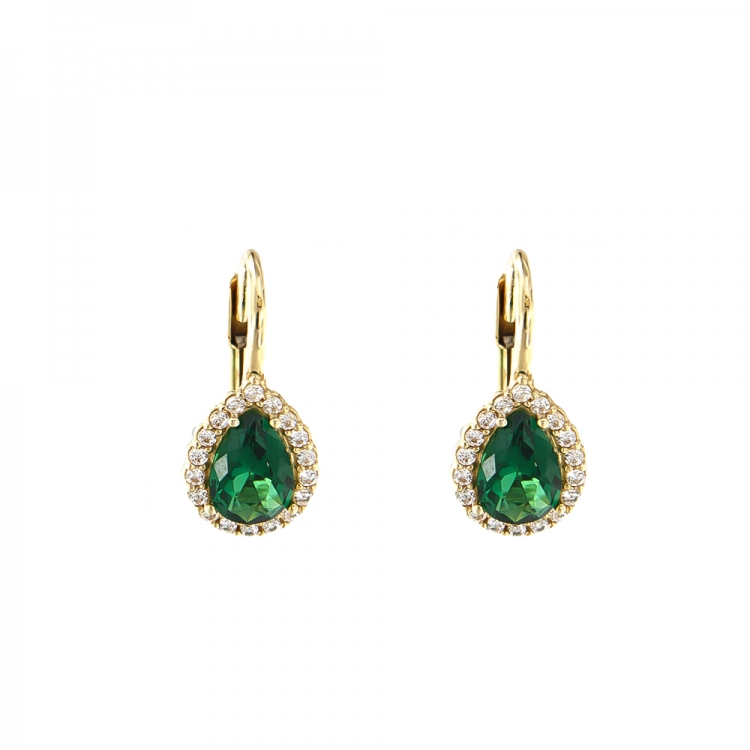 Μοντέρνα χρυσά σκουλαρίκια Κ9 με πράσινη πέτρα δάκρυ.
