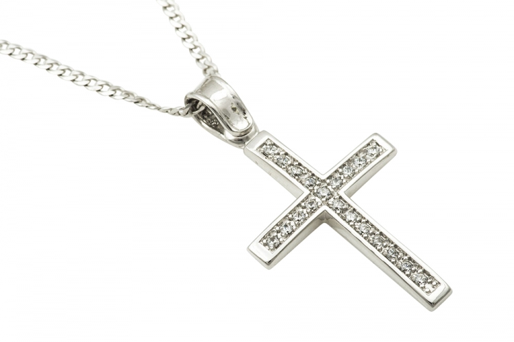 Λεπτός, Κοριτσίστικος Βαπτιστικός Σταυρός, Λευκόχρυσος Κ9, Με Λουστρέ Επιφάνεια.
