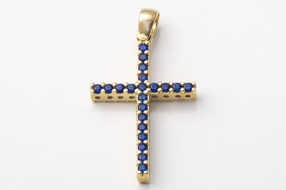 Χρυσός σταυρός Κ14, με μπλε πέτρες.