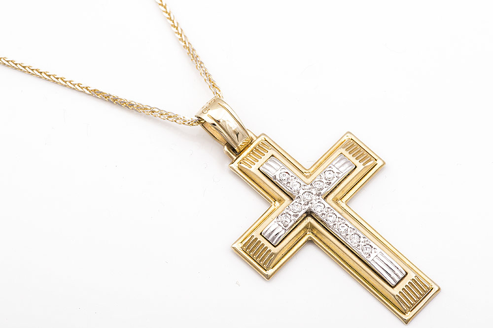 Δίχρωμος σταυρός και αλυσίδα σε χρυσό Κ9.